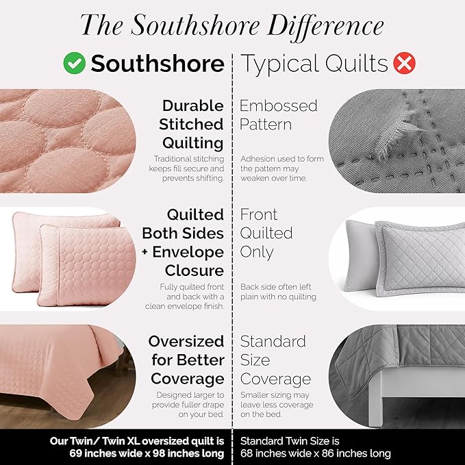Southshore Fine Living, Inc. Oversized Bedding Quilt, Lightweight Bedding, Twin XL Bedspreads for Adult, Soft Coverlet 2-Piece Set with One Matching Pillow Sham, All Season Twin/XL Quilts, Pastel Pink