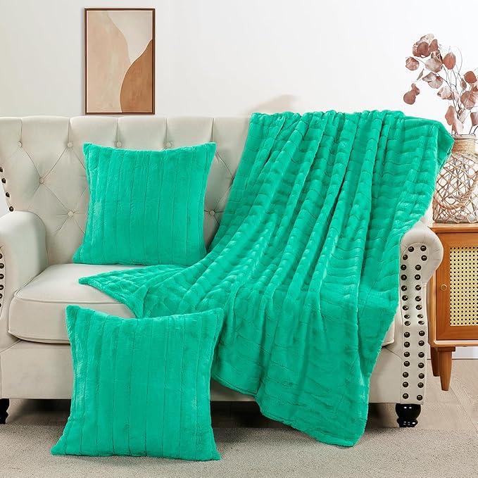 Striped Throw Blanket and Pillow Covers Set (No Inserts) for Couch and Bed, Plush Warm Lightweight Fuzzy Faux Fur Blanket for All Seasons (60" x 80", Green)