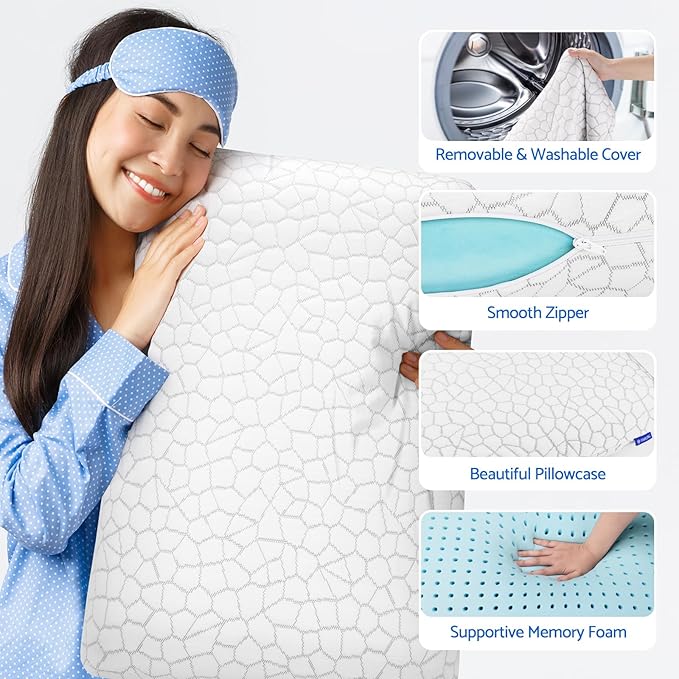 CushZone Memory Foam Pillows for Sleeping, Bed Pillow with Removable and Machine Washable Cover, Bed Pillow for Side, Back and Stomach Sleepers, Standard Size (2 Pack)
