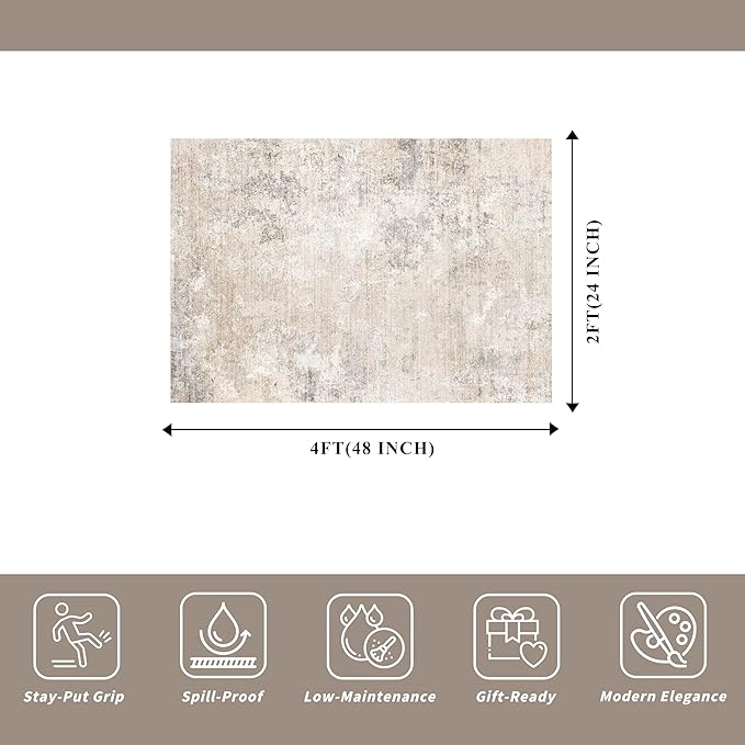 2x4 Washable Non-Slip Runner Rug – Small Throw Rug for Kitchen Floor, Bedroom, Entryway, Bathroom, Bedside – Modern Abstract Neutral Low-Pile Thin Indoor Door Mat (Beige Grey,2x4)