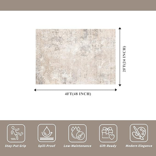 2x4 Washable Non-Slip Runner Rug – Small Throw Rug for Kitchen Floor, Bedroom, Entryway, Bathroom, Bedside – Modern Abstract Neutral Low-Pile Thin Indoor Door Mat (Beige Grey,2x4)