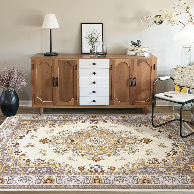 CRYPTOLITE Vintage Area Rug 5x8 Rugs, Machine Washable Vintage Area Rug Non-Slip Low Pile Large Rug for Living Room, Bedroom, Farmhouse, Dining Room, Beige