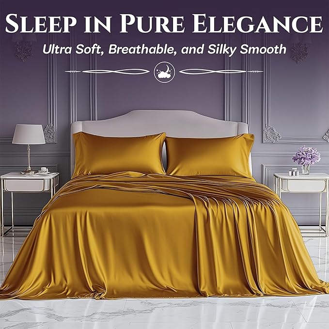 SLEEP SANCTUARY Satin Sheets King Size – 4 Piece Luxury Silky Bed Set, Softer Than Silk, 15" Deep Pocket, Cooling & Wrinkle-Free, Moisture-Wicking & Breathable for Hair & Skin (Gold)