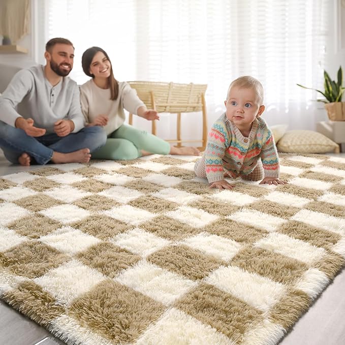 Beige and White Area Rugs, 5x7 Large Fluffy Rugs for Bedroom Living Room, Soft Shaggy Modern Indoor Carpets, Cute Plush Rugs for Kids Girls Room Nursery, High Pile Throw Rug for Home Decor