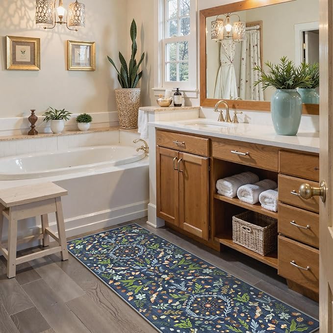 Lahome Chloe Insect Botanical 2x6 Runners for Hallways Non Slip, Blue Bathroom Kitchen Runner Rugs Non Skid Washable, Boho Soft Indoor Carpet for Entryway Laundry Bedroom(Dark Blue,2x6)