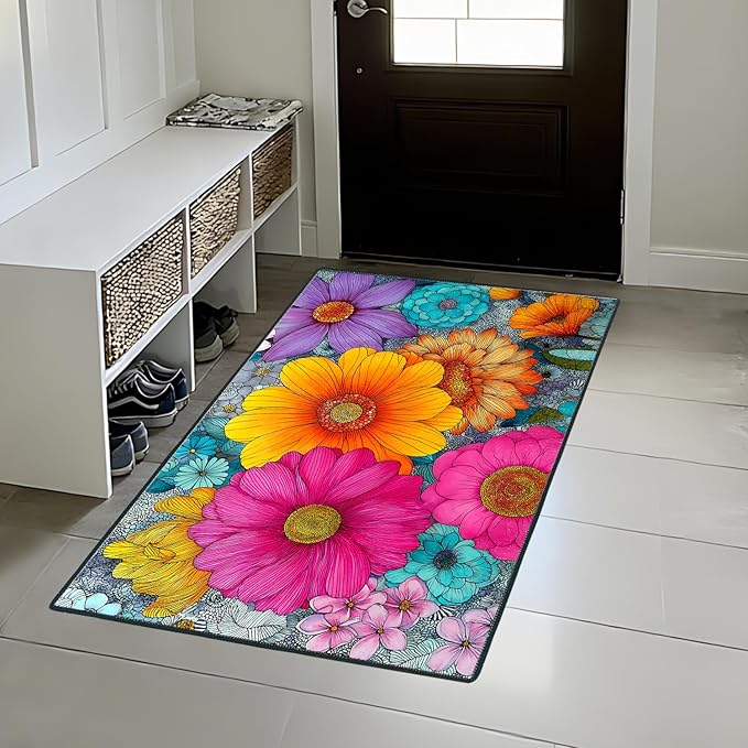Floral Area Rug 2x3 ft Entry Rug Washable Boho Rugs Non Slip Low Pile Spring Floral Door Mat Small Carpet for Bedroom, Bedside, Kids Room, Office, Dining Room