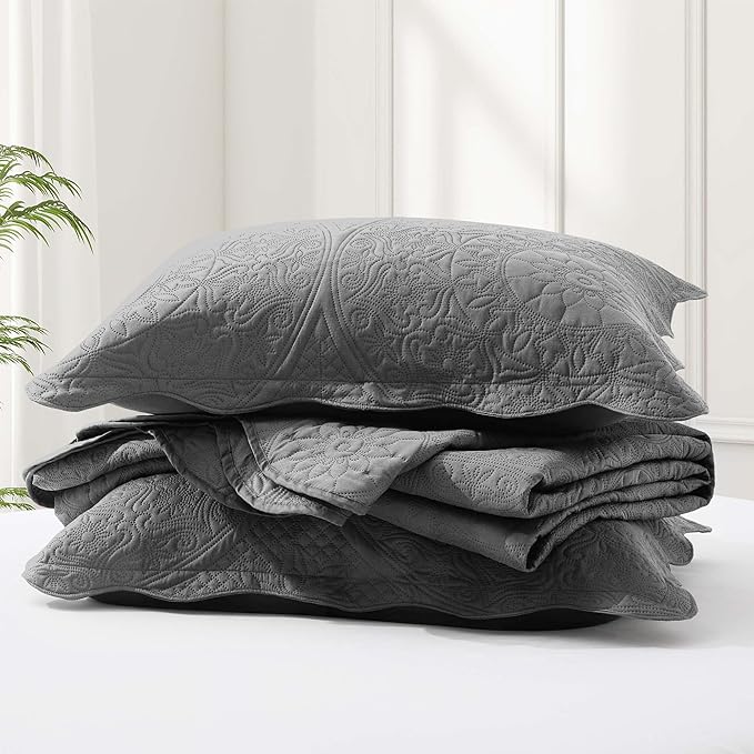 IR Imperial Rooms Twin Quilt Bedding Set Size (68” x 86”) + 1 Pillow Shams (20” x 26” + 2”) - 2 Pcs All Season Lightweight Reversible Microfiber Coverlet Floral Embossed Quilt Bedspread (Grey)
