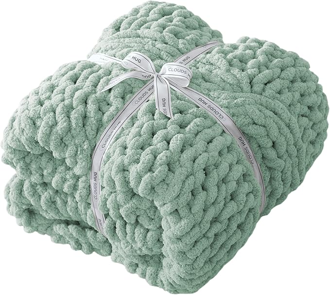 Chunky Knit Blanket Throw - 100% Hand Knitted Chunky Soft Throw Blanket for Couch, Thick and Warm Blanket for Winter, Dark Green, 40x50 Inches