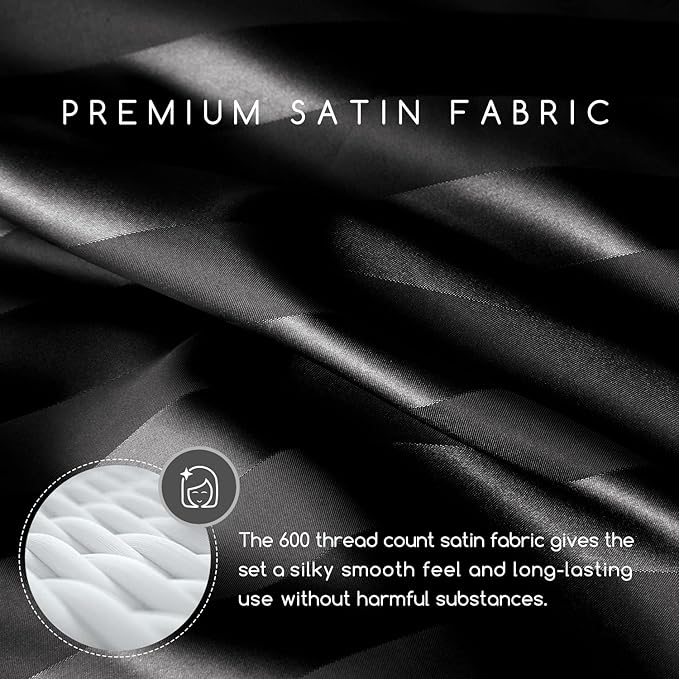 MR&HM Satin Bed Sheets, Queen Size Sheets Set, 4 Pcs Silky Bedding Set with 15 Inches Deep Pocket for Mattress (Queen, Black Striped)