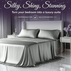 SLEEP SANCTUARY Satin Sheets King Size – 4 Piece Luxury Silky Bed Set, Softer Than Silk, 15" Deep Pocket, Cooling & Wrinkle-Free, Moisture-Wicking & Breathable for Hair & Skin (Striped Grey)