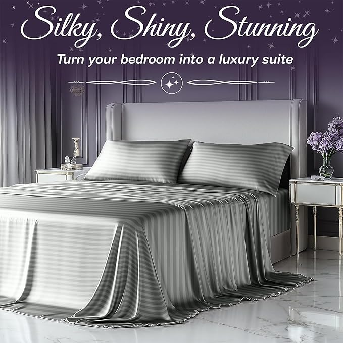 SLEEP SANCTUARY Satin Sheets Queen Size – 4 Piece Luxury Silky Bed Set, Softer Than Silk, 15" Deep Pocket, Cooling & Wrinkle-Free, Moisture-Wicking & Breathable for Hair & Skin (Striped Grey)