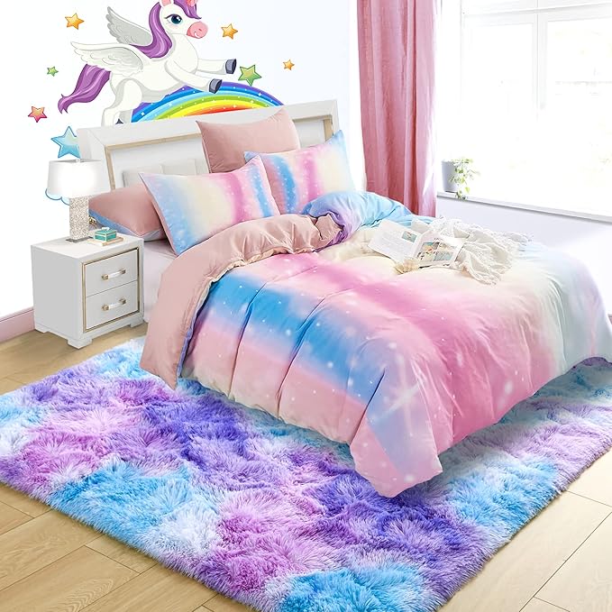 Noahas Kids Rugs for Bedroom Girls,3x5 Feet Rainbow Rug,Blue and Purple Kids Carpet,Shaggy Fluffy Bedroom Rug,Colorful Area Rug Nursery Toddler Boys Girls Room Decor