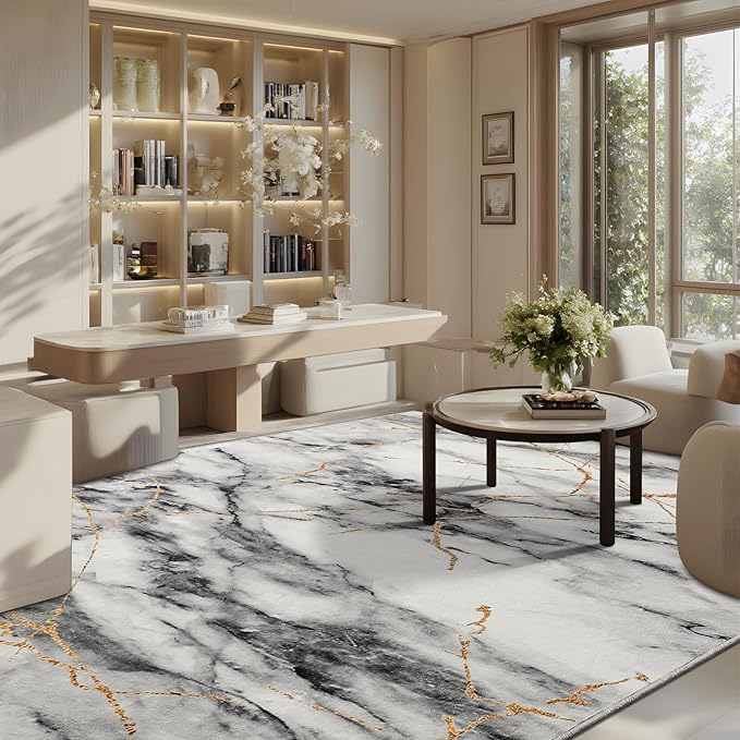 CRYPTOLITE Abstract Area Rug Washable Rug with Non-Slip Backing Low Pile Area Rugs for Living Room,Bedroom,Dining Room,4x6, Gold&Grey