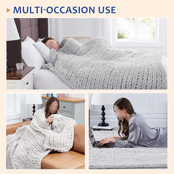 Wttfc Chunky Knit Throw Blanket, Handmade Soft Chenille Yarn Throw Blanket, Thick Cable Knitted Blankets, Large Rope Knot Crochet Blankets for Couch Sofa Bed Home Decor,Cream White,100x120cm