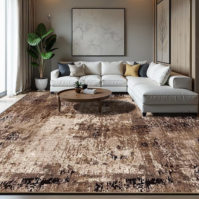Area Rug 8x10 Washable Rugs Modern Abstract Area Rug Soft Non-Slip Non-Shedding Faux Wool Stain Resistant Floor Carpets for Living Room Bedroom Dining Room Kids Room Home Office (Brown)