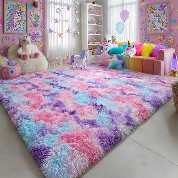 Amdrebio Hot Pink Rainbow Area Rug for Girls Room 5x8, Soft Fluffy Cute Fuzzy Colorful Kids Rugs for Bedroom Nursery Playroom Classroom, Shaggy Floor Princess Carpet for Baby Toddler Teen, Home Decor