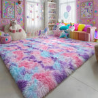 Amdrebio Hot Pink Rainbow Area Rug for Girls Room 5x8, Soft Fluffy Cute Fuzzy Colorful Kids Rugs for Bedroom Nursery Playroom Classroom, Shaggy Floor Princess Carpet for Baby Toddler Teen, Home Decor