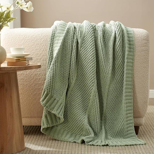 Amélie Home Knit Throw Blanket, Soft Chenille Cozy Breathable Chevron Chunky Decorative Blanket for Couch, Bed & Sofa, French-Inspired Lightweight Warm Gift for Women, Sage Green, 50"x60"