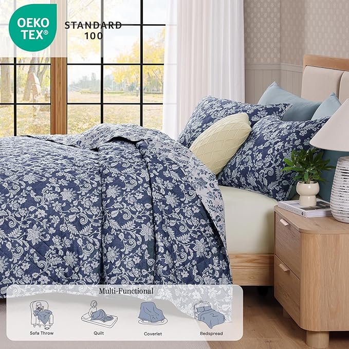 BLOOMHAVEN Quilt Set Twin Size, Oxford Blue Floral Quilt Sets, Reversible Bedspread Lightweight and Breathable for All Seasons, Soft Quilted Bedspread with 1 Pillow Sham