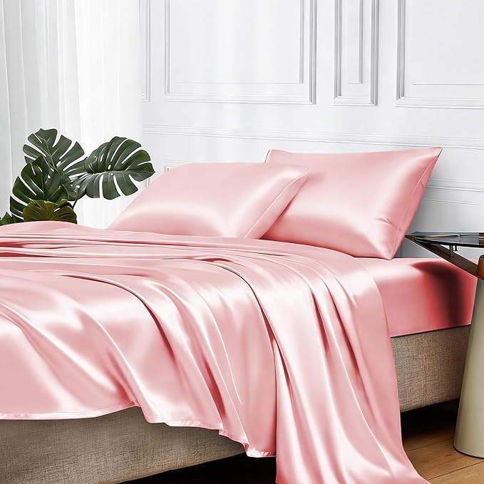 MR&HM Satin Bed Sheets, Twin XL Size Sheets Set, 3 Pcs Silky Bedding Set with 15 Inches Deep Pocket for Mattress (Twin XL, Light Pink)