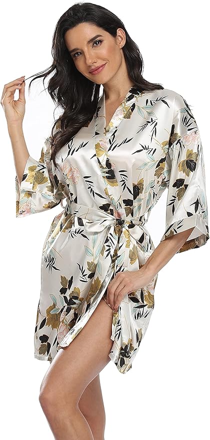 Women's Floral Satin Robes Bride Bridesmaid Getting Ready Robe Short Silky Kimono Sleepwear for Wedding Party