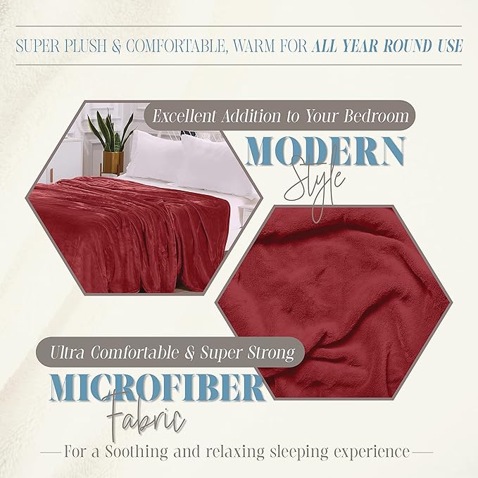 Elegant Comfort Luxury Velvety Feel Blanket, All-Season Lightweight Blanket, Ultra Plush, Soft, Cozy-Fuzzy Flannel Fleece for Couch, Sofa, Bed, Travel, Solid Design, King/California King, Burgundy