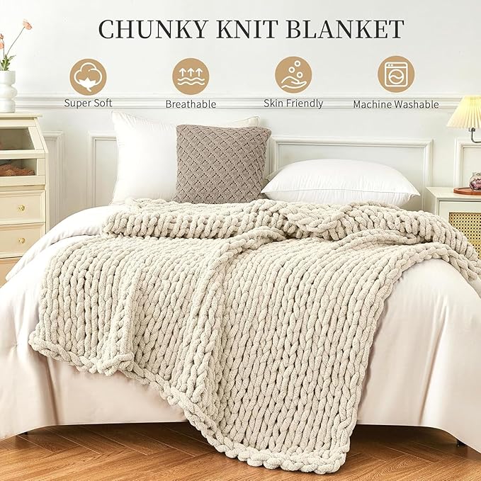 Wttfc Chunky Knit Throw Blanket, Handmade Soft Chenille Yarn Throw Blanket, Thick Cable Knitted Blankets, Large Rope Knot Crochet Blankets for Couch Sofa Bed Home Decor,Beige,50x50cm