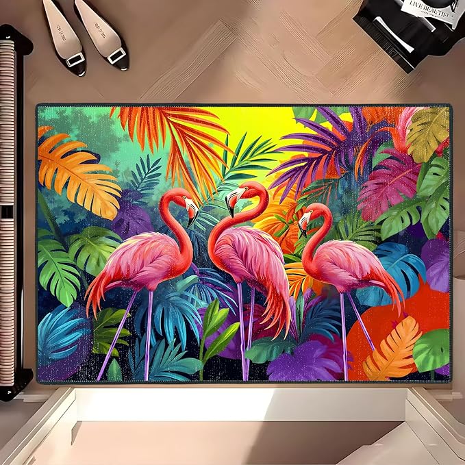 Tropical Flamingos Area Rug 2x3 ft Entry Rug Washable Boho Rugs Non Slip Low Pile Floral Door Mat Small Carpet for Bedroom, Bedside, Kids Room, Office, Dining Room