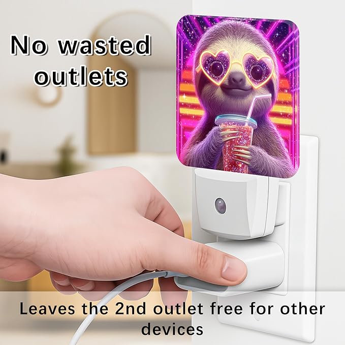Sloth Night Lights Plug Into Wall, Playful Cartoonish Heart-Shaped Glasses Drink Summer Peach Smart Outlet Plug in Led Night Light Lamp for Living Room Entryway Kitchen Decor 1pcs