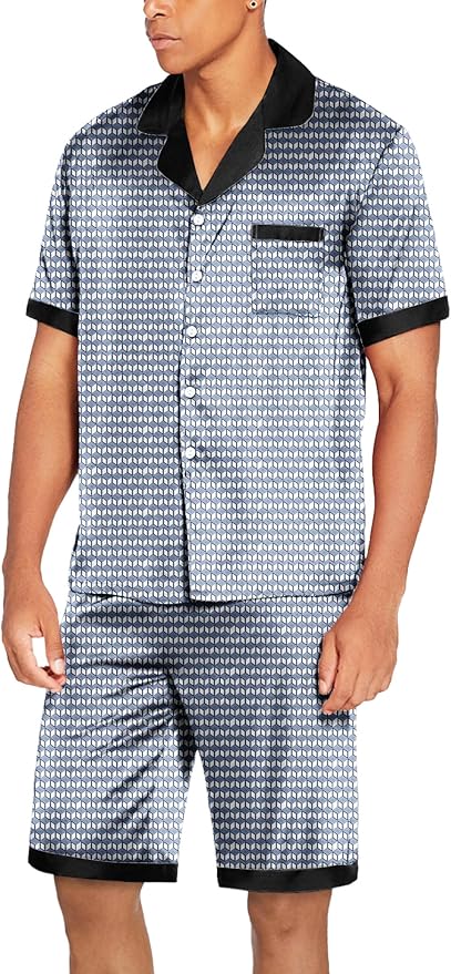 Ekouaer Men Satin Silk Pajamas Set with Pockets Sleepwear Shorts Satin Summer Loungewear 2 Piece Button Down Set S-3XL