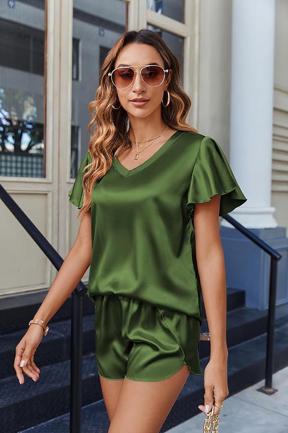Ekouaer Women Satin Pajamas Set Ruffle Sleeves Silk Pj Set Soft V Neck Sleepwear Loungewear