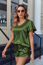 Ekouaer Women Satin Pajamas Set Ruffle Sleeves Silk Pj Set Soft V Neck Sleepwear Loungewear