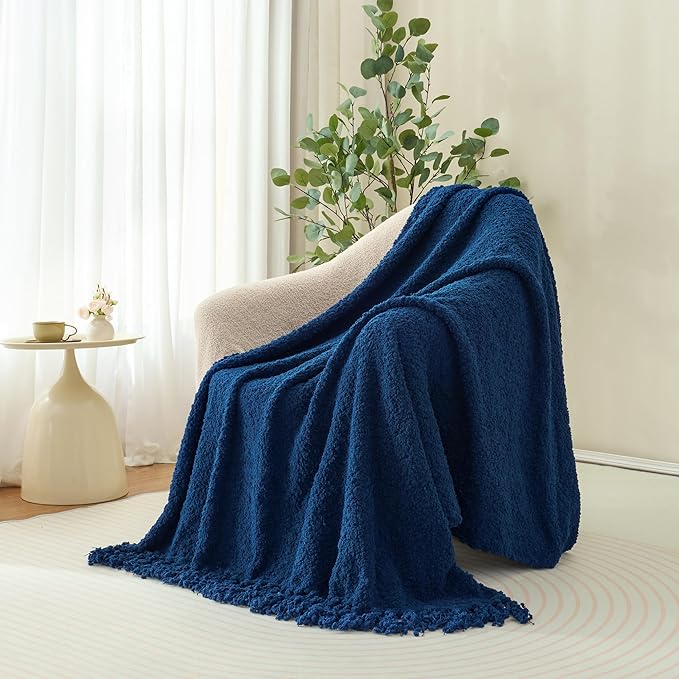 Throw Blanket for Couch, Navy Blue Luxury Knitted Throws 50"x60", Textured Blankets with Handmade Fringe Tassels for Bed Sofa Decorative, Chunky Soft Farmhouse Boho Home Decor