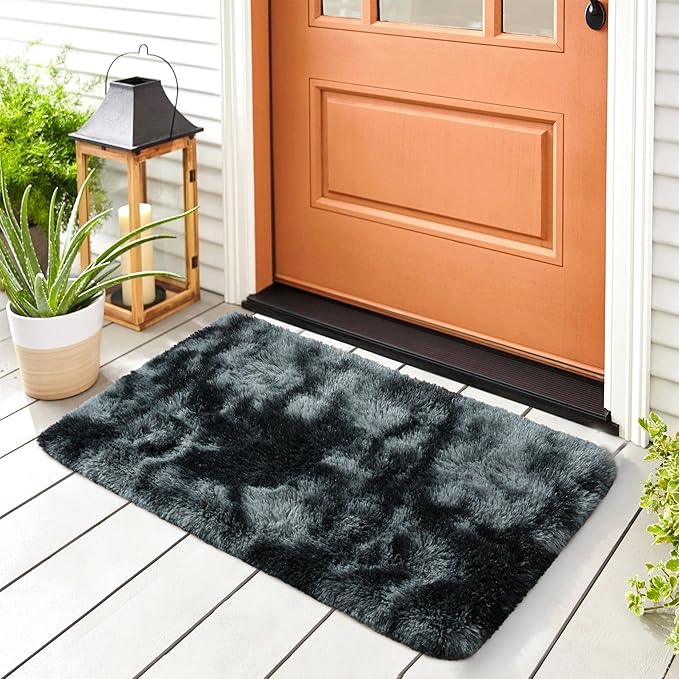 Noahas Door Mat Indoor Entrance,2x3 Shaggy Small Tie-Dyed Black and Grey Area Rugs for Entryway,Non-Slip Fluffy Entry Bedroom Rug,Soft Plush Bedside Throw Kids Carpet