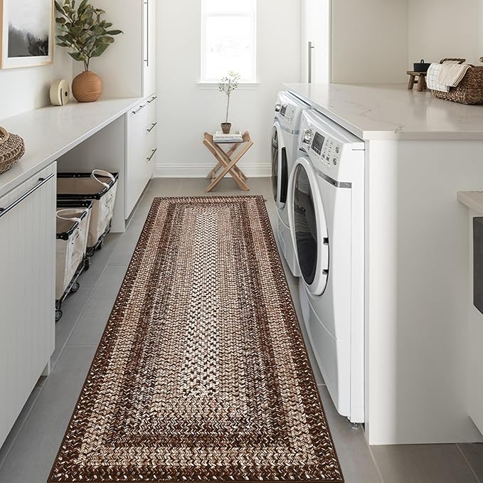 RUGSREAL Runner Rug for Hallway Kitchen Runner Carpet 2x10, Machine Washable Long Runner Throw Mat, Non Slip Entryway Rug Stain Resistant Braided Printed Carpet for Bedroom Living Room, Brown