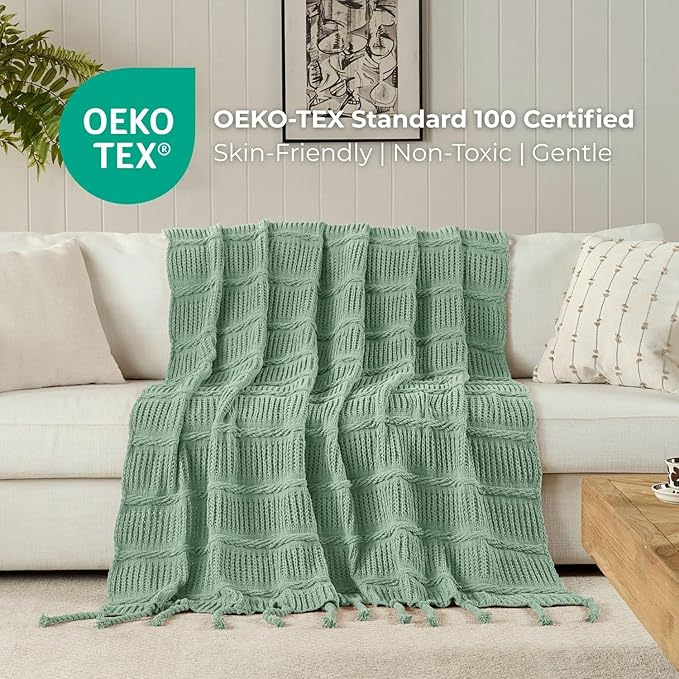 Boho Knitted Chenille Blanket with Tassels - Lightweight & Soft All-Season Throw - 3D Classic Pattern for Living Room Bedroom Couch, Sage Green, Twin 60"x80"