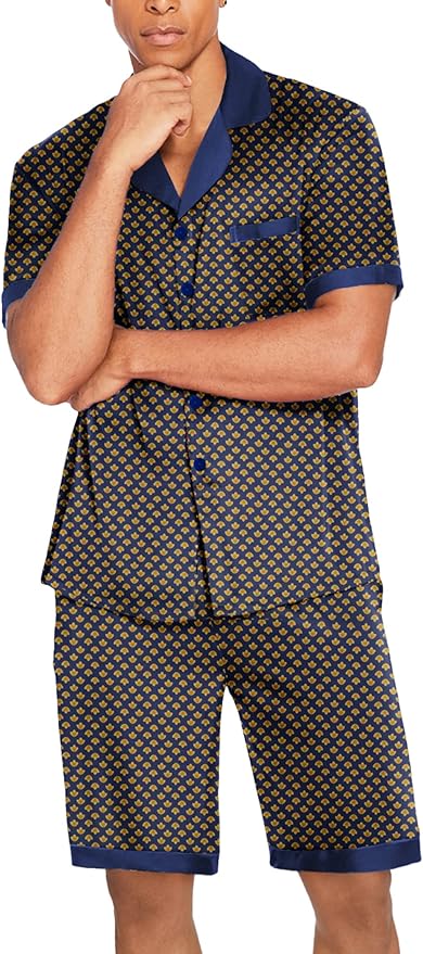 Ekouaer Men Satin Silk Pajamas Set with Pockets Sleepwear Shorts Satin Summer Loungewear 2 Piece Button Down Set S-3XL