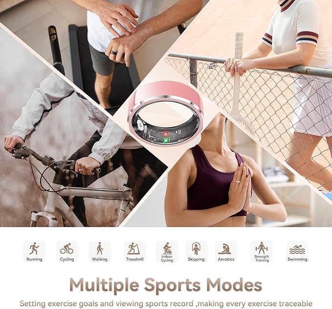 Smart Ring for Women, Fitness & Activity Tracker with Blood Pressure/Heart Rate Monitor, Sleep Tracker, Step Counter, IP68 Waterproof Ring for iOS & Android,Fast Charge, No Subscription (Pink,Size8）