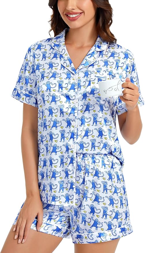 SWOMOG Womens Silk Satin Pajamas Set Short Sleeve Sleepwear Button Down Top and Shorts Loungewear 2 Piece Pjs Set XS-3XL