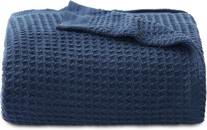 Bedsure Gentlesoft 100% Cotton Throw Blanket for Couch 50x70 inches - Cooling Breathable and Soft for Spring Summer, Waffle Weave Throw Blanket for Office, Navy