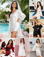 SWOMOG Women's Satin Robe Set 2 Piece Sexy Pajamas Sets Lace Cami Nightgown and Silk Robes Nightwear