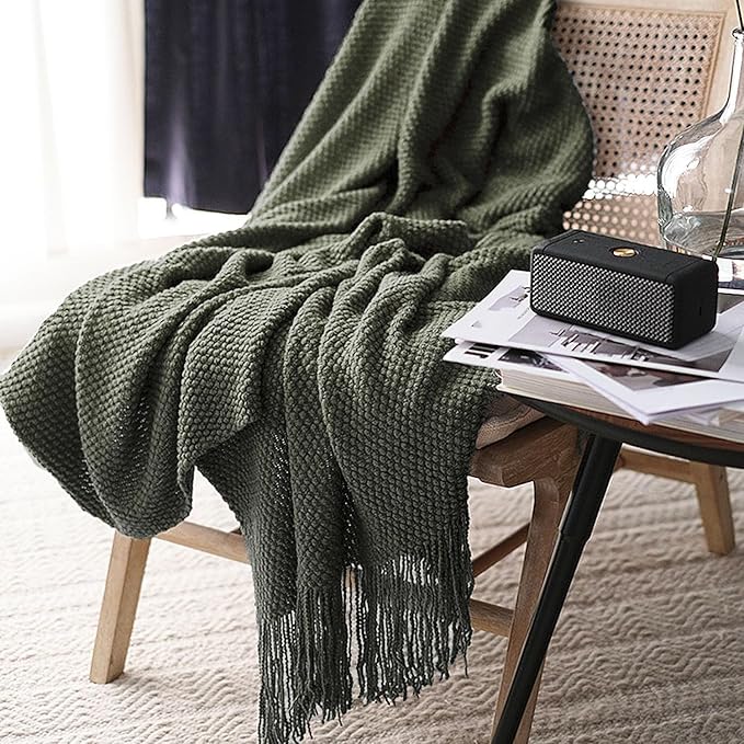 LOMAO Knitted Throw Blanket with Tassels Bubble Textured Lightweight Throws for Couch Cover Home Decor (Dark Olive, 60x80)