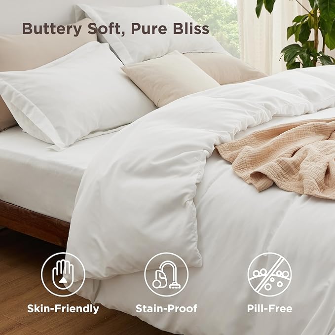 Bedsure Duvet Cover with Fitted Sheet Queen - Cooling Deep Pocket, Hotel Luxury Soft Double Brushed Bedding Set with Zipper Closure, 1 Duvet Cover, 1 Fitted Sheet, 2 Pillow Shams, NO Comforter, White