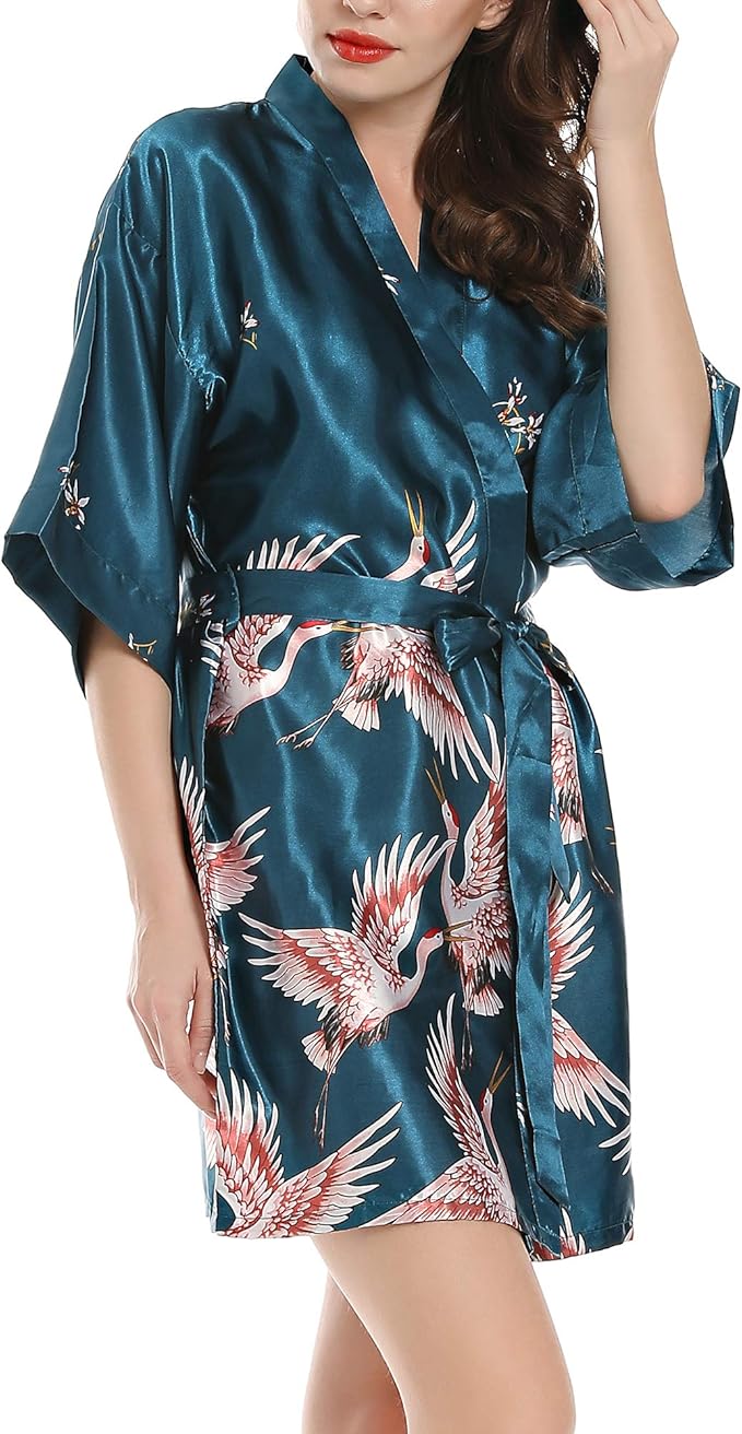 Women Kimono Robes Satin Dressing Gown Crane and Blossoms Sleep Lounge Nightwear Short Silk Bride Bridesmaid Robe