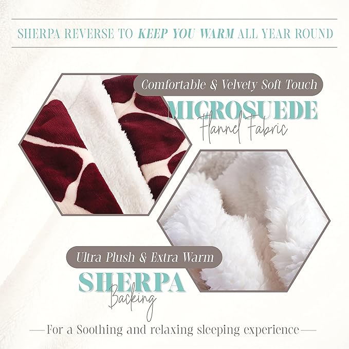 Elegant Comfort Throw Blanket, Reversible Sherpa Flannel, Ultra-Soft, Fuzzy, Cozy and Plush- All Season Lightweight Decorative Throw, 50 x 60 inches, Ogee Pattern Sherpa Throw, Burgundy