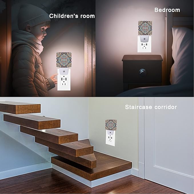 Mandala Floral Night Lights Plug into Wall Ethnic Mandala Night Light 0.5W Sleep Friendly for Boys Girls Led Night Light Dusk to Dawn Sensor Nightlight for Stairway/Hallway/Kitchen