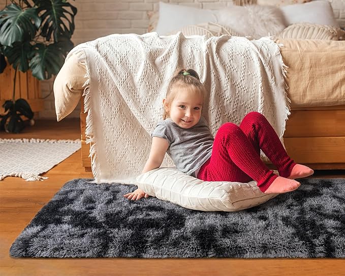 Softlife Area Rug for Bedroom, Fluffy Shag Plush Tie Dyed Rainbow Black for Living Room Girls, Shaggy Throw Carpet for Kids Soft Fuzzy Runner Small 2x6 Runners for Hallways Dorm