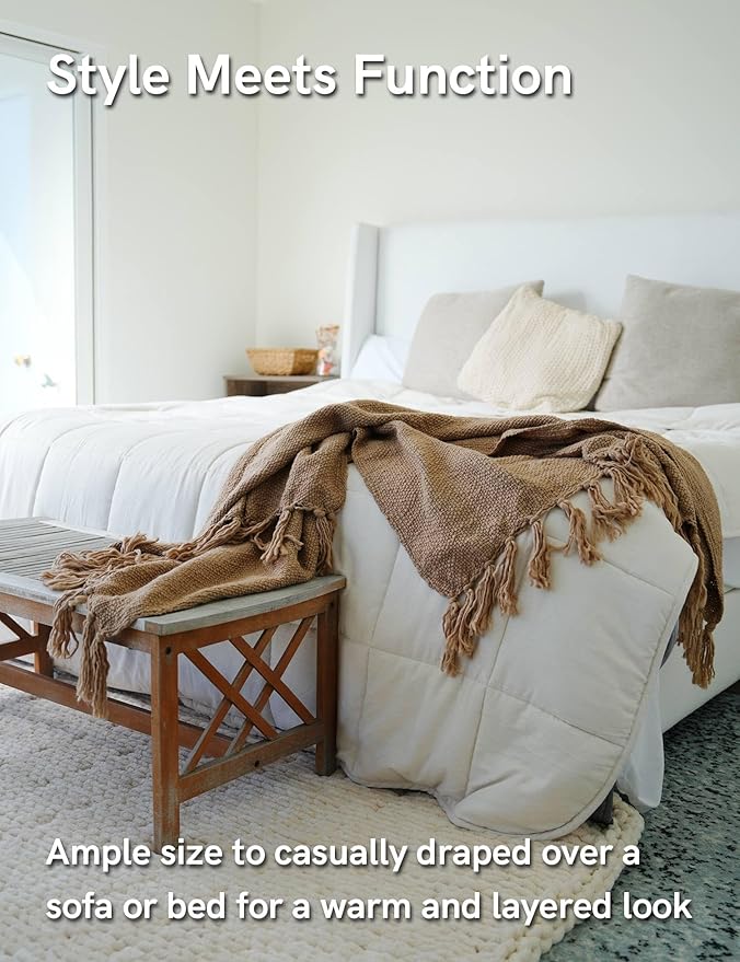 YnM Basketweave Chunky Knit Throw, Solid Neutral Vibe Textured Blanket with Tassel for Home Decor, 50 x 60 in, Beige