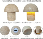 Natural Stone Mushroom Lamp - Handcrafted Travertine Night Light, Rechargeable with Type-C, Dimmable LED Accent Light for Bedroom & Living Room