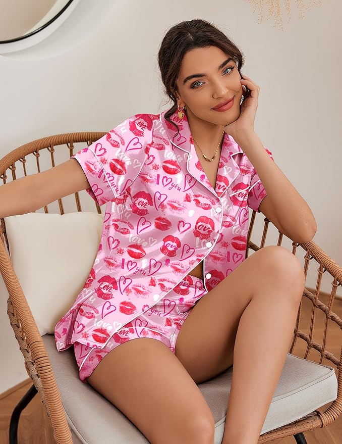 Ekouaer Silk Pajamas for Women Short Sleeve Sleepwear Soft Button Down Loungewear 2 Piece Satin Pjs Shorts Set